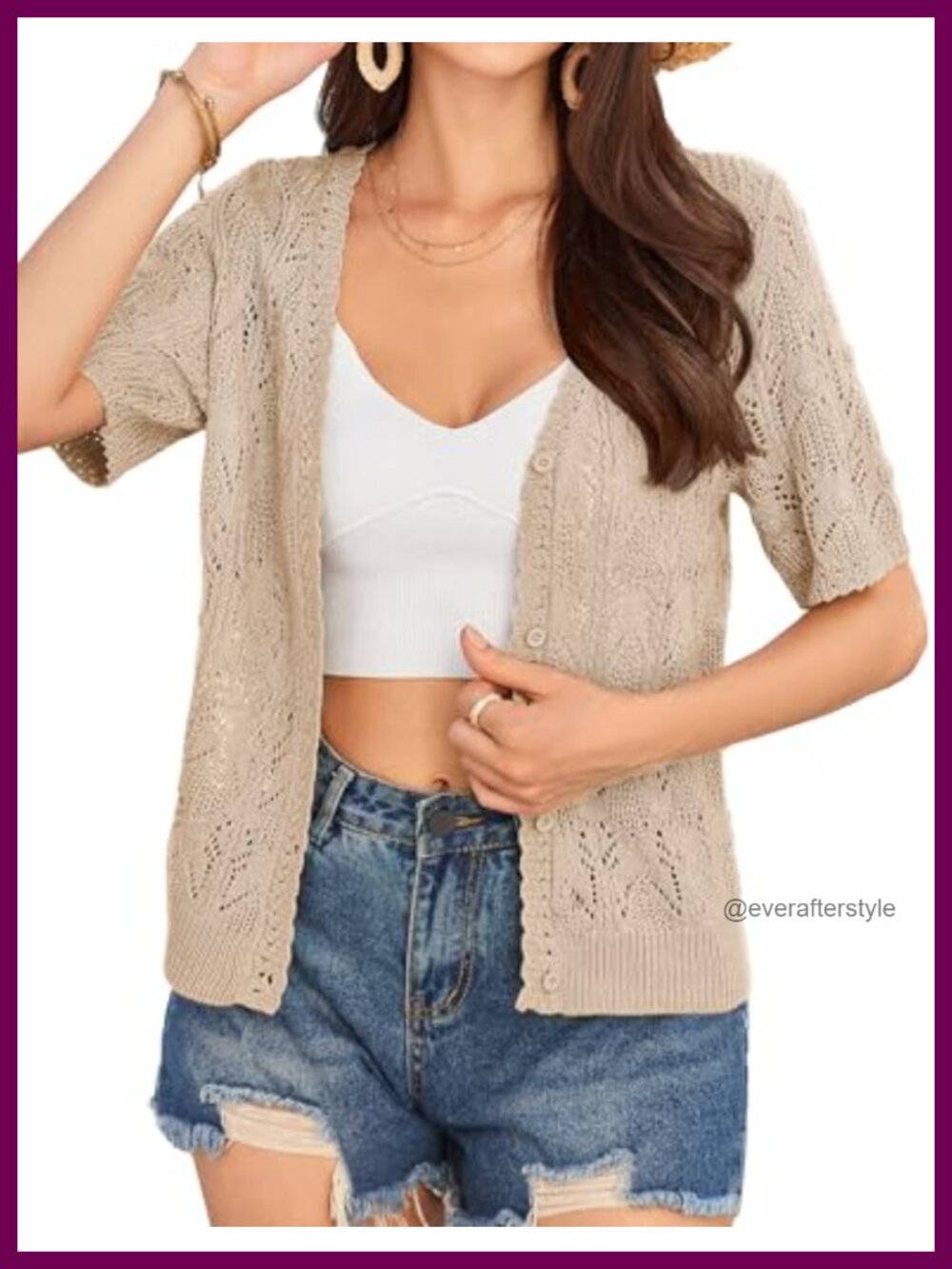 Cotton Crochet Knit Short Sleeve V Neck Button Cardigan Sweater